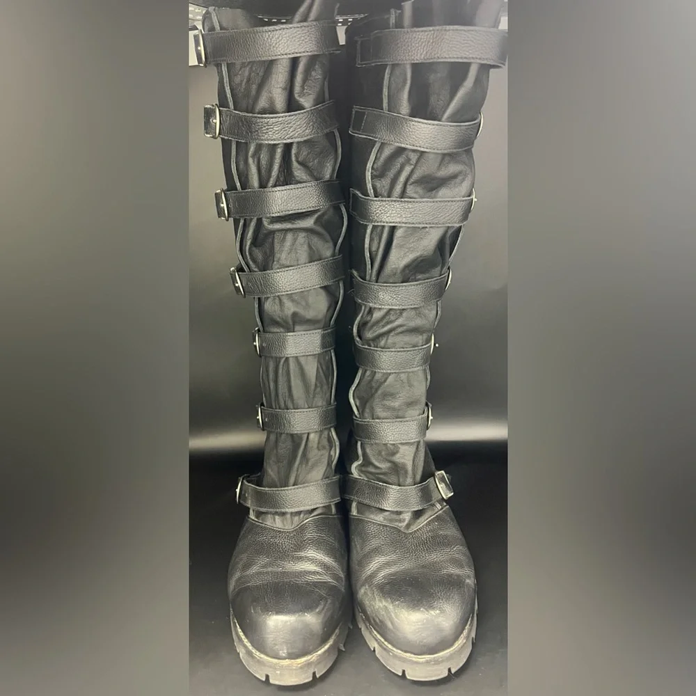 Renboots -‎ Mens Custom Black Leather Strider 7 Buckle Boots, Size:9
